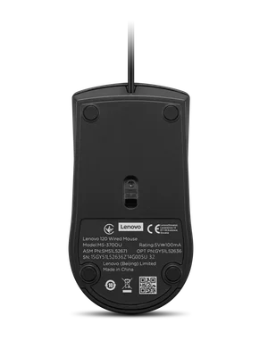 Мишка Lenovo 120, с кабел, оптична, USB, 1600 dpi, черна