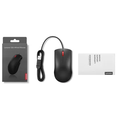Мишка Lenovo 120, с кабел, оптична, USB, 1600 dpi, черна