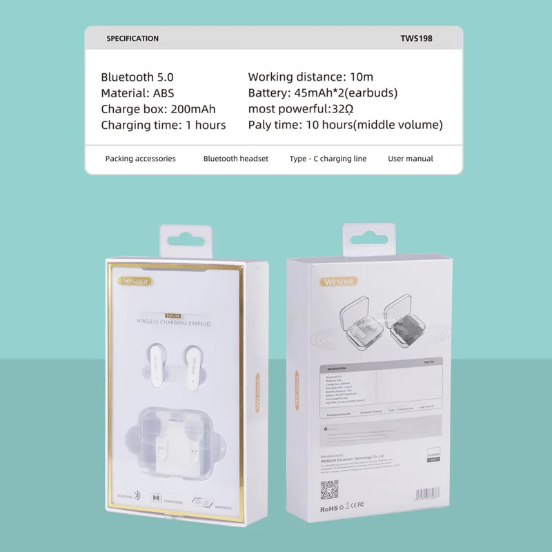 Слушалки Wesdar TWS198, безжични, с Bluetooth, със зареждащ кейс, черни