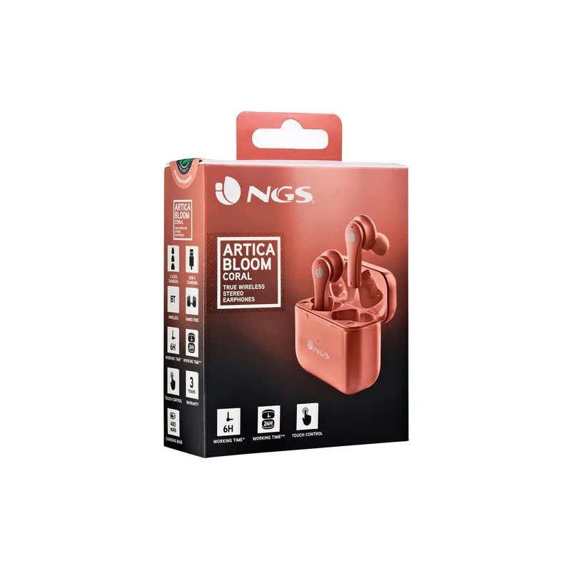 Слушалки NGS Artica Bloom, с Bluetooth, със зареждащ кейс, USB Type-C, корал