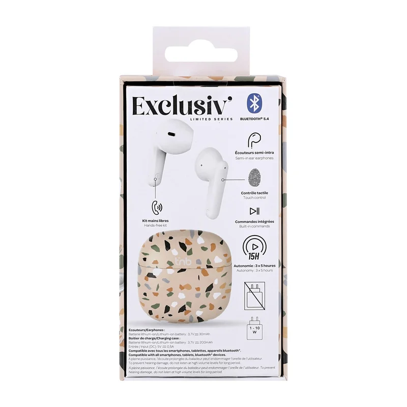 Слушалки TNB Exclusive Terrazzo, безжични, с Bluetooth, със зареждащ кейс, USB Type-C, 102 dB