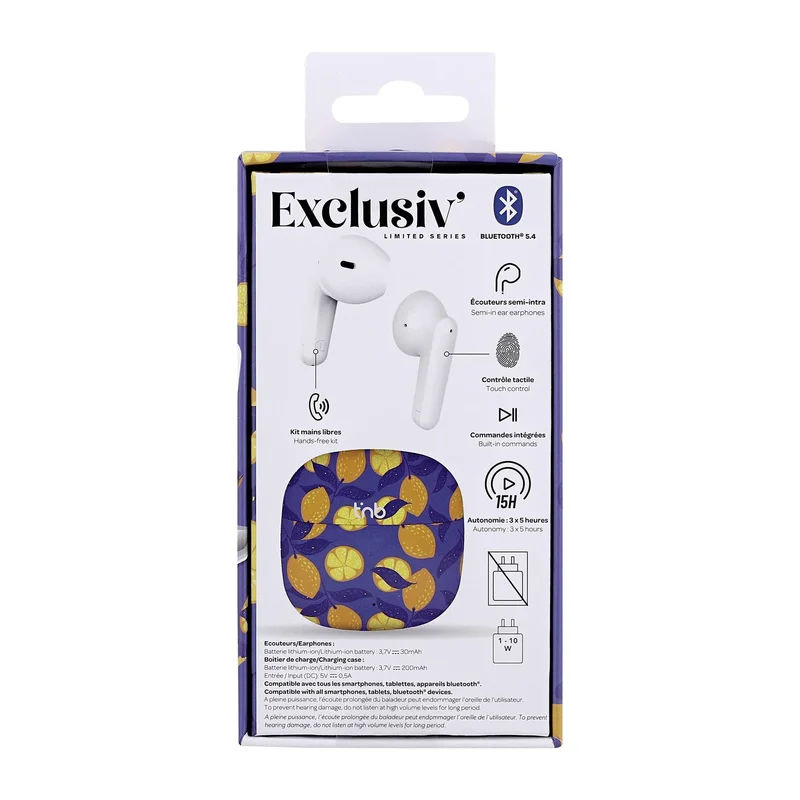Слушалки TNB Exclusive Lemon, безжични, с Bluetooth, със зареждащ кейс, USB Type-C, 102 dB
