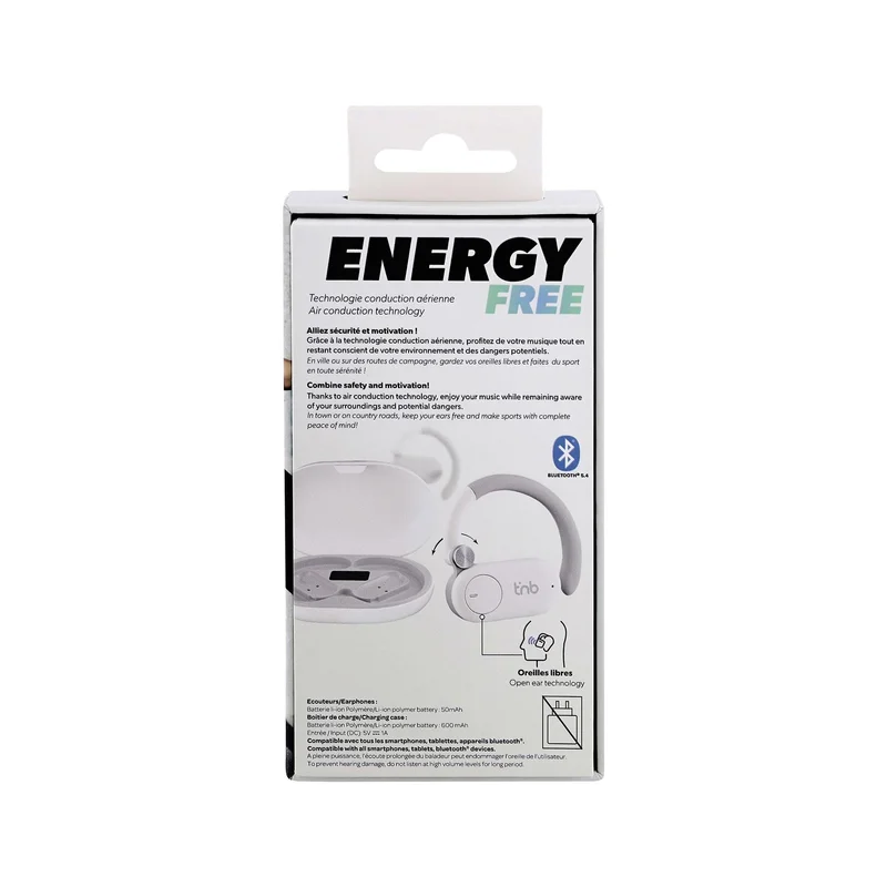 Слушалки TNB Energy Free, безжични, със зареждащ кейс, USB Type-C, 90 dB, бели