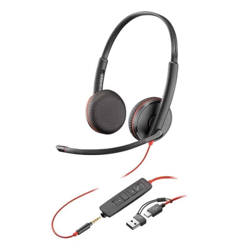 Слушалки HP Poly Blackwire 3225, 3.5 mm жак и USB Type-C/Type-A адаптер, 100 - 100000 Hz