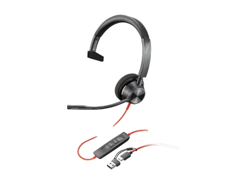 Слушалки HP Poly Blackwire 3310, с кабел 2.15 m, с микрофон, USB Type-C/Type-A адаптер, USB Type-C/USB Type-A, 118 dB