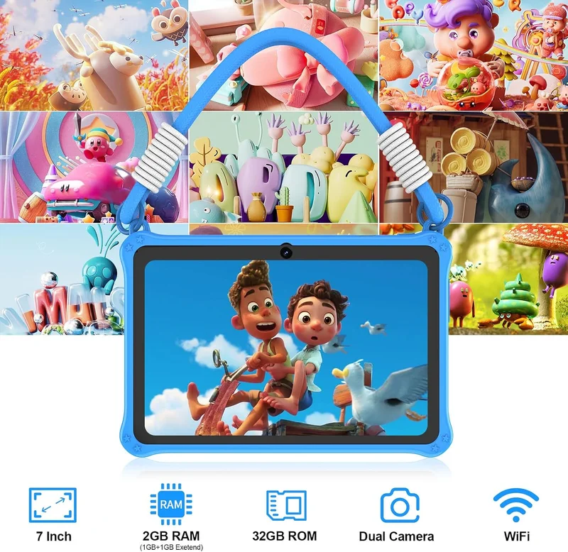 Таблет Pritom K7PRO, 7'', Lanyard, Quad Core, 32 GB, 2 GB RAM, Android 13, с връзка, син