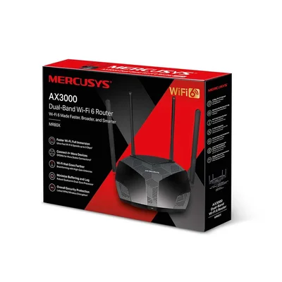 Рутер Mercusys MR80X, безжичен, трилентов Gigabit Wi-Fi 6, честота 2.4/5 GHz, WPA3