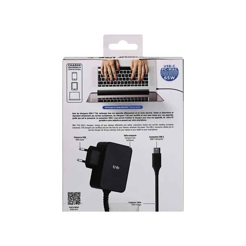 Зарядно устройство TNB Multimedia, за лаптоп, таблет и смартфон, USB Type-C, 65 W, дължина 1.8 m