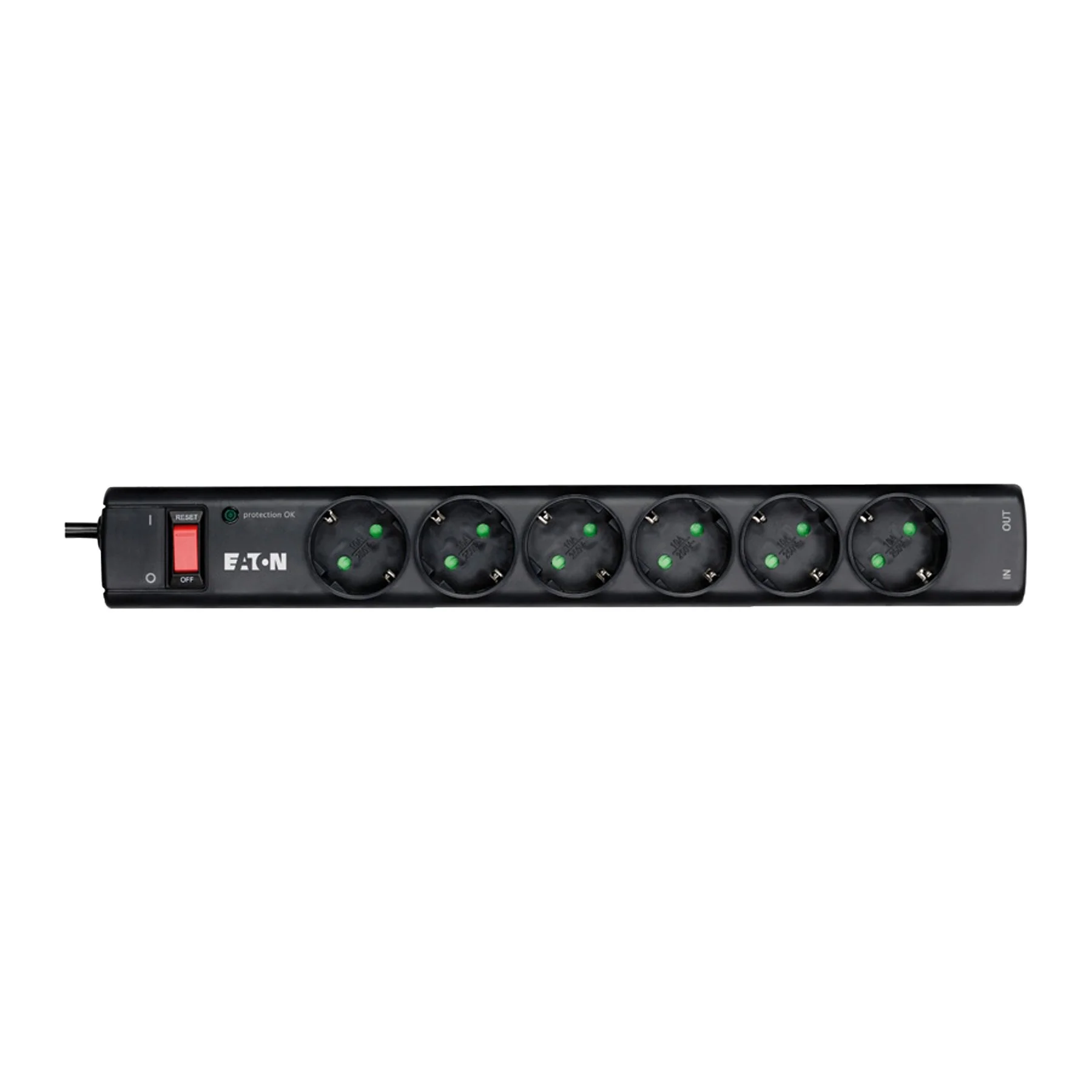 Разклонител Eaton Protection Strip, с 6 гнезда, максимален ток 10 A, 2500 W, черен