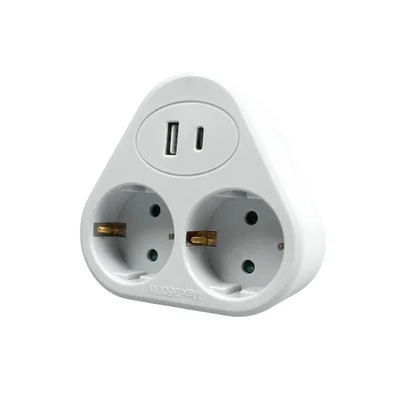 Разклонител Office 1, шуко, 2 гнезда, 1 USB Type-A, 1 USB Type-C, бяло-сив