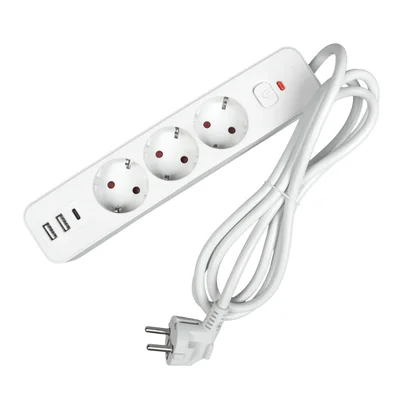 Разклонител Office 1, шуко, 3 гнезда, 1.8 m кабел, 2 USB Type-A, 1 USB Type-C, с ключ, бял