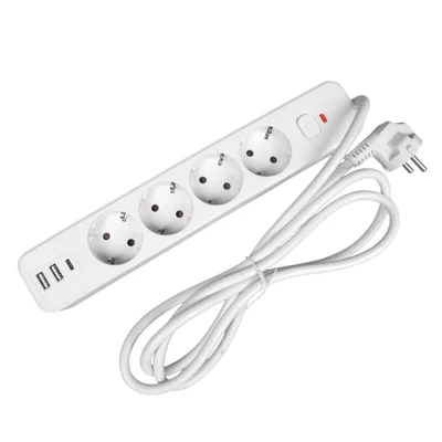 Разклонител Office 1, шуко, 4 гнезда, 1.8 m кабел, 2 USB Type-A, 1 USB Type-C, с ключ, бял