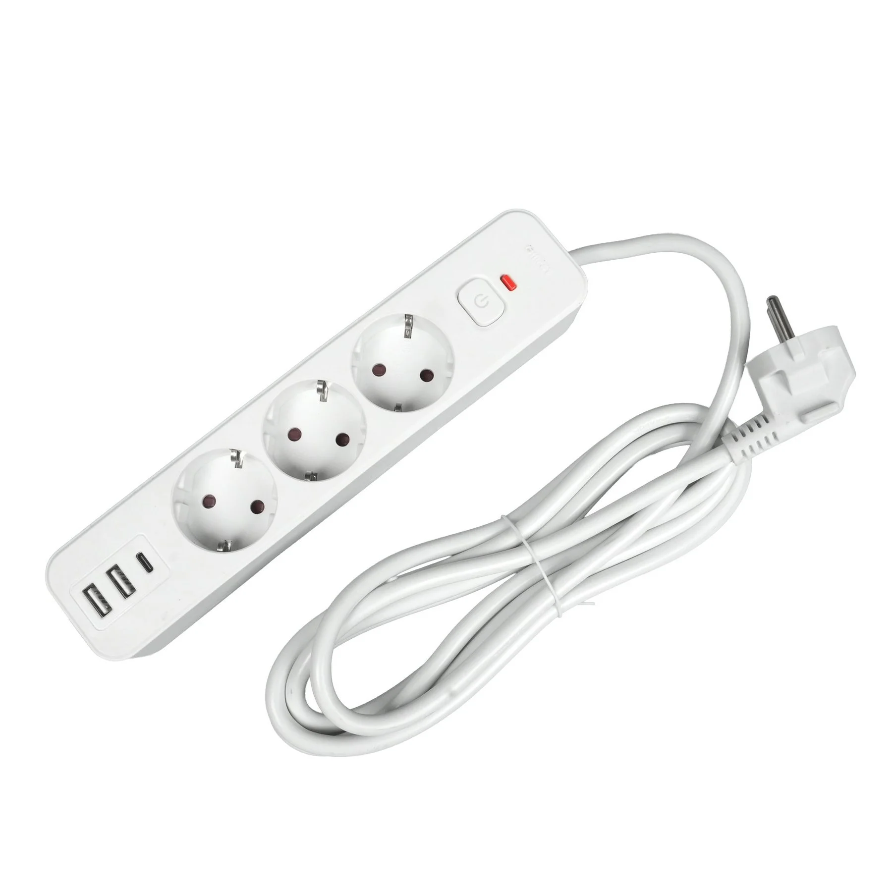 Разклонител Office 1, шуко, 3 гнезда, 3 m кабел, 2 USB Type-A, 1 USB Type-C, с ключ, бял
