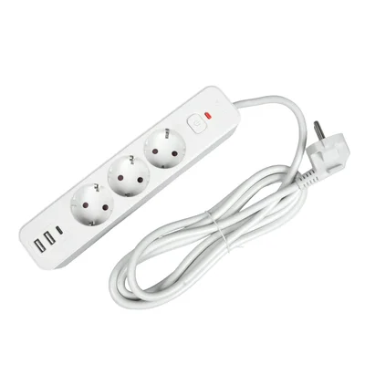 Разклонител Office 1, шуко, 3 гнезда, 3 m кабел, 2 USB Type-A, 1 USB Type-C, с ключ, бял