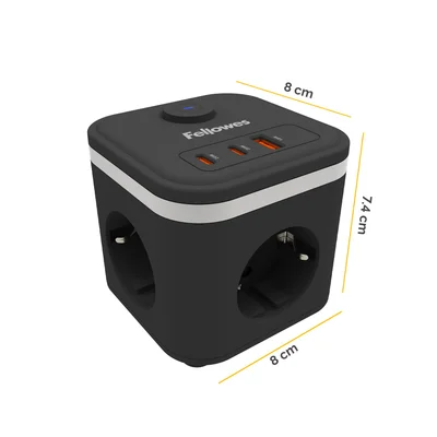Разклонител Fellowes Ampra Power Cube, шуко, 3 гнезда, 1 USB Type-A, 2 USB Type-C, черен
