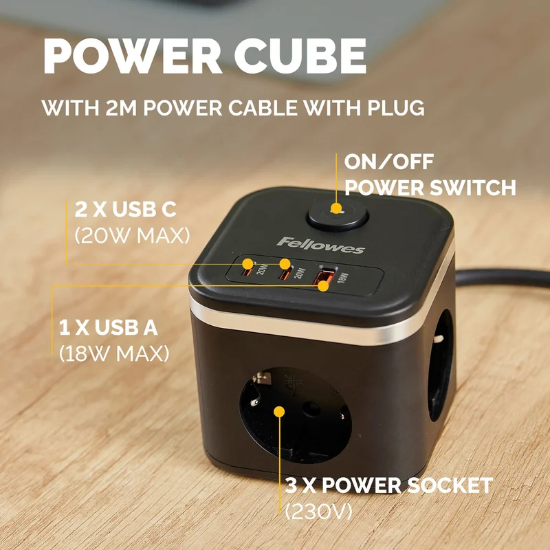 Разклонител Fellowes Ampra Power Cube, шуко, 3 гнезда, 1 USB Type-A, 2 USB Type-C, черен