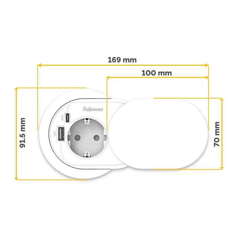 Разклонител Fellowes Ampra Power Spot, шуко, 1 гнездо, 1 USB Type-A, 1 USB Type-C, бял