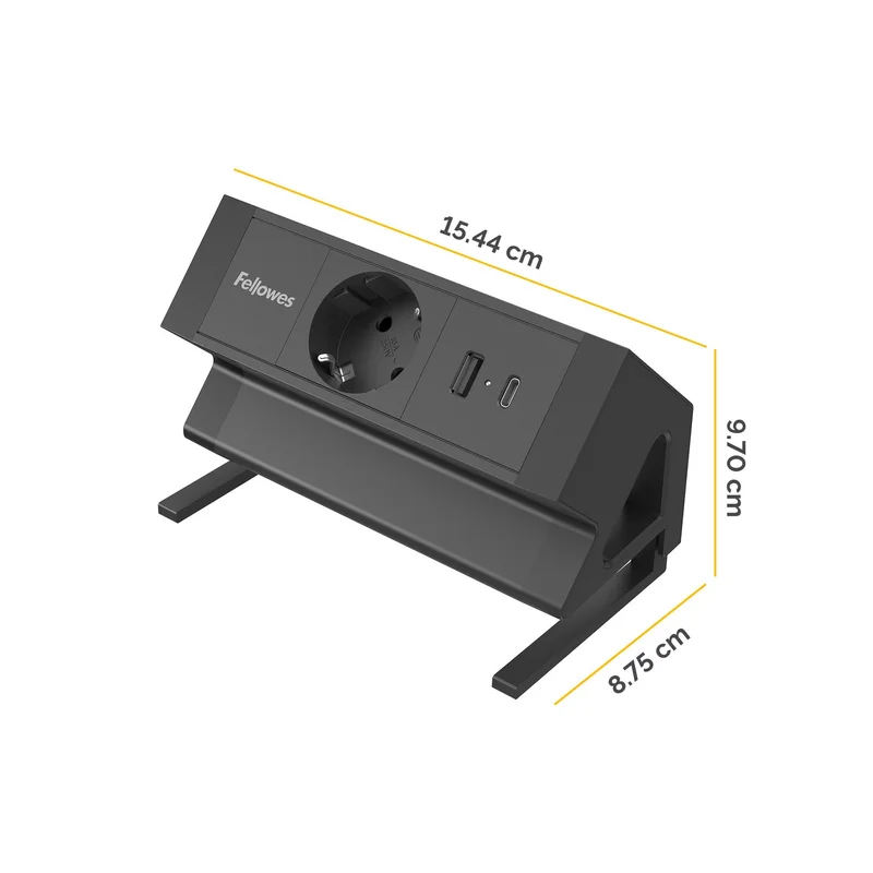 Разклонител Fellowes Ampra Power Desk, шуко, 1 гнездо, 1 USB Type-A, 1 USB Type-C, черен