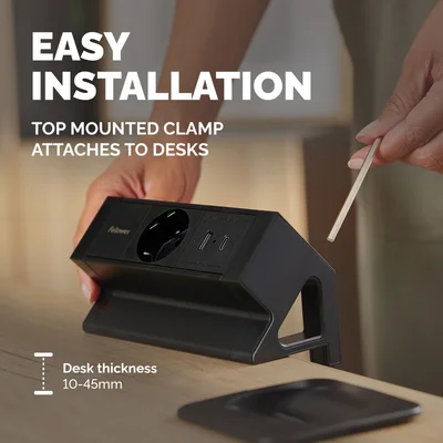 Разклонител Fellowes Ampra Power Desk, шуко, 1 гнездо, 1 USB Type-A, 1 USB Type-C, черен