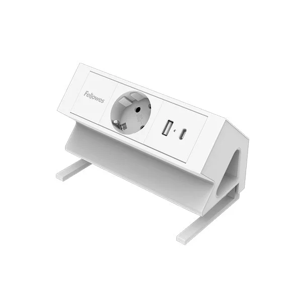 Разклонител Fellowes Ampra Power Desk, шуко, 1 гнездо, 1 USB Type-A, 1 USB Type-C, бял