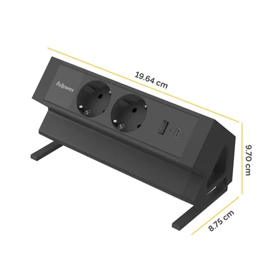 Разклонител Fellowes Ampra Power Desk, шуко, 2 гнезда, 1 USB Type-A, 1 USB Type-C, черен