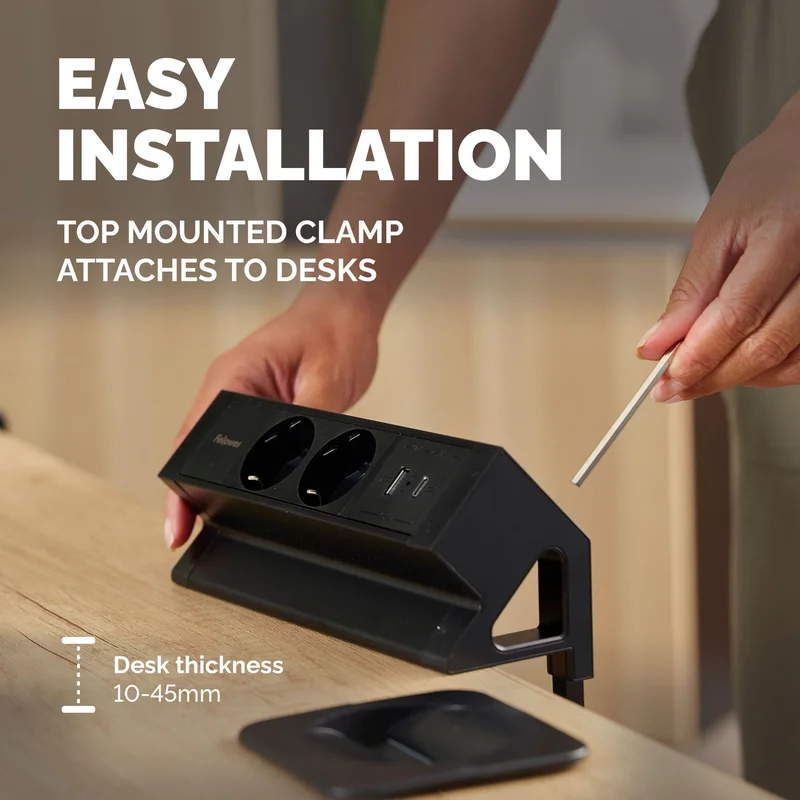 Разклонител Fellowes Ampra Power Desk, шуко, 2 гнезда, 1 USB Type-A, 1 USB Type-C, черен