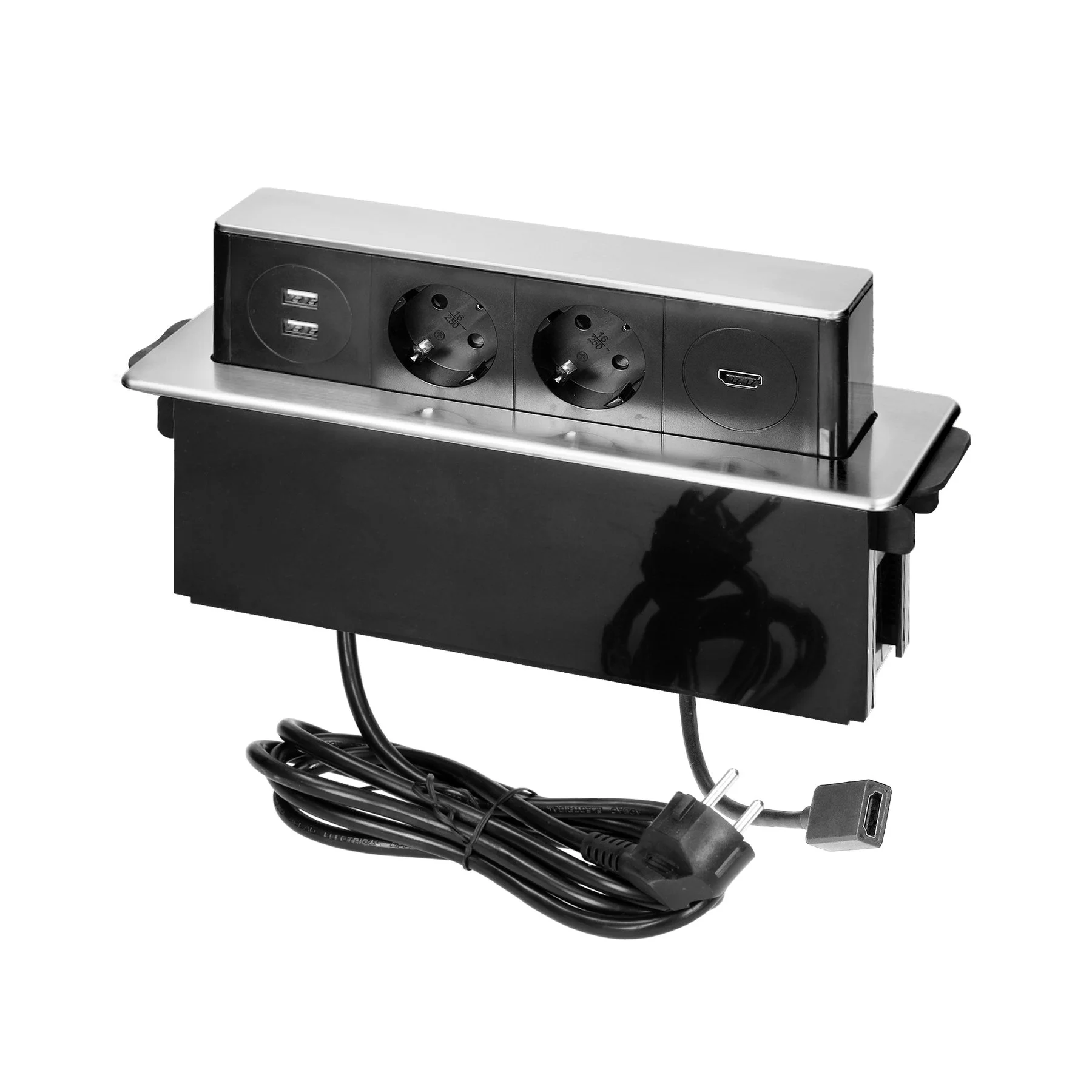 Мебелна кутия Orno, за вграждане, 2хP+E, USB Type-A+C, HDMI, черна