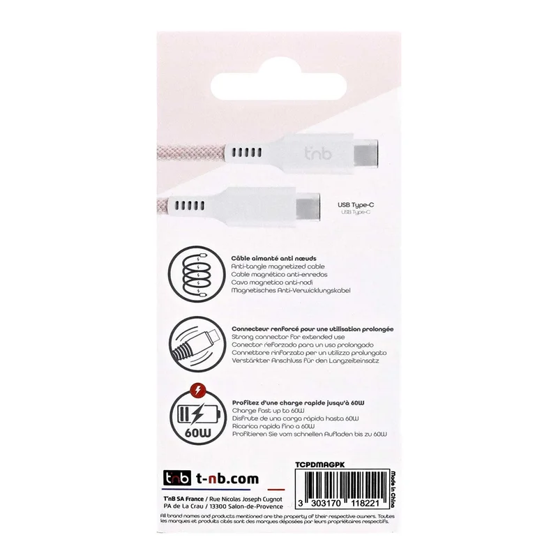 Кабел TNB, USB Type-C към USB Type-C, 1.5 m, розов
