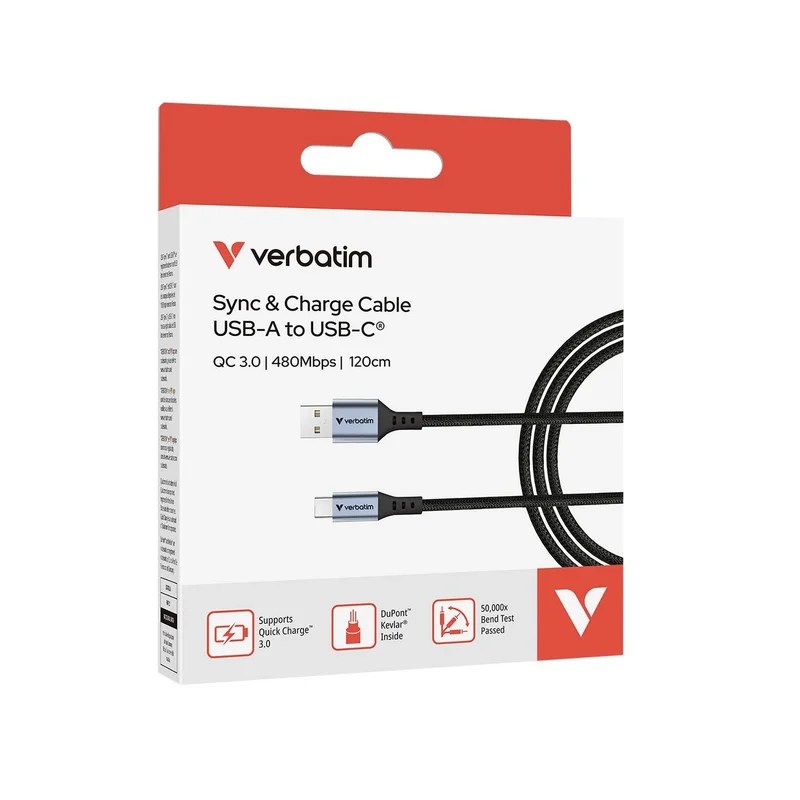 Кабел Verbatim Sync & Charge, USB Type-A към USB Type-C, 18 W, 120 cm