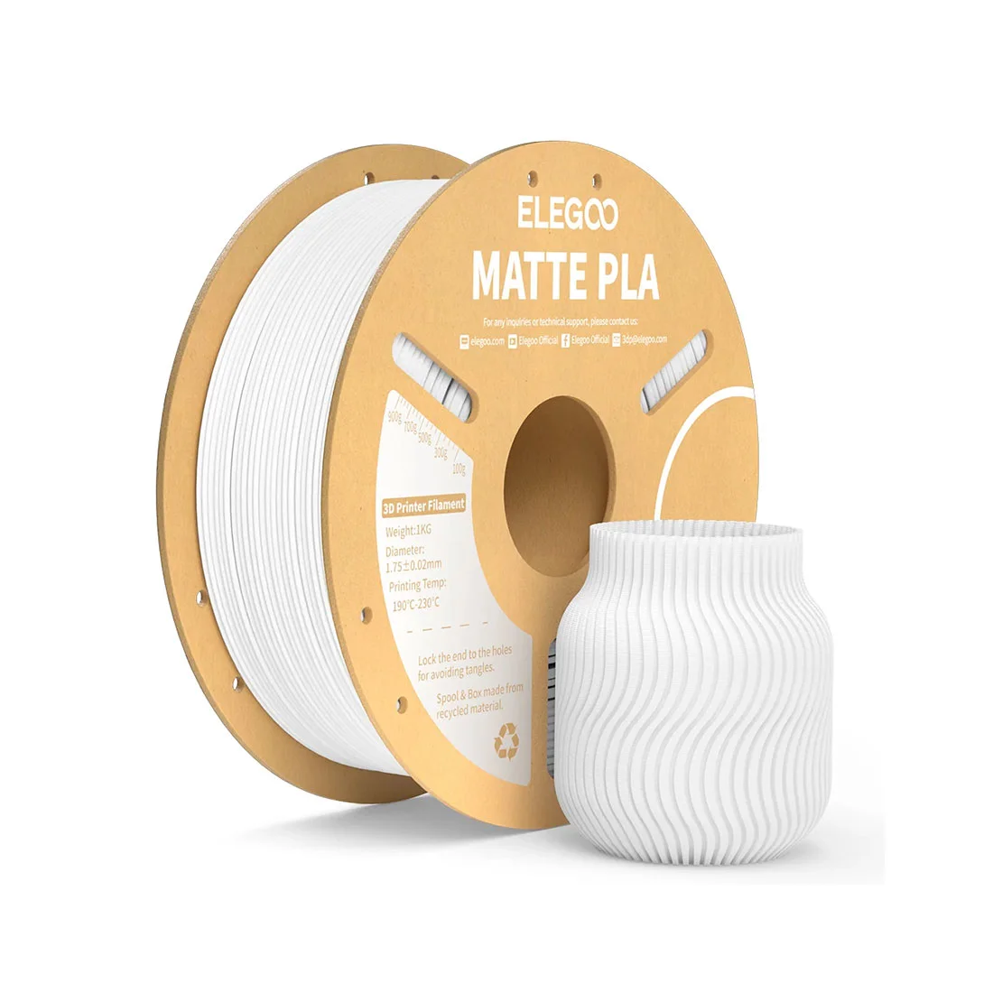 Филамент за 3D принтер Elegoo PLA Matte, 1.75 mm, 1 kg, бял мат