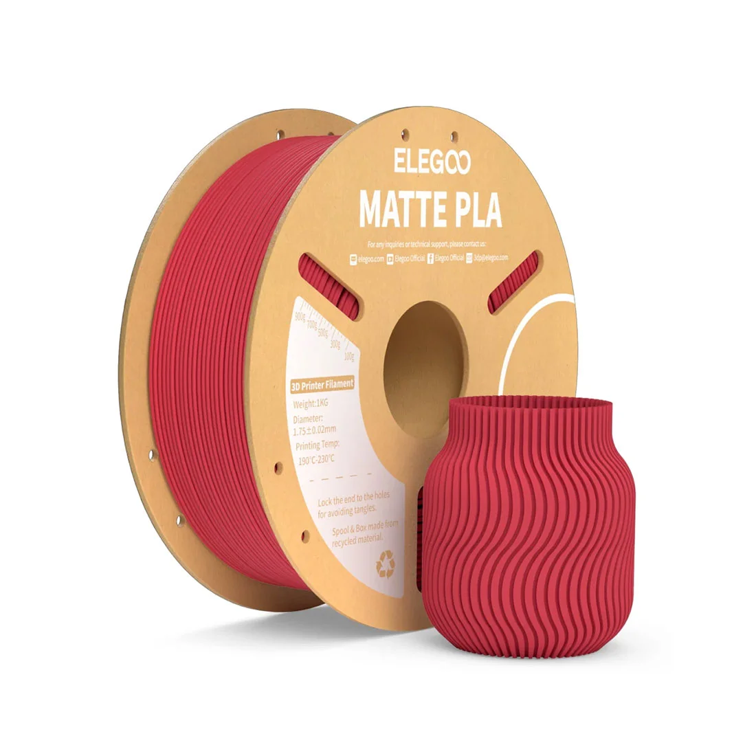 Филамент за 3D принтер Elegoo PLA Matte, 1.75 mm, 1 kg, рубиненочервен