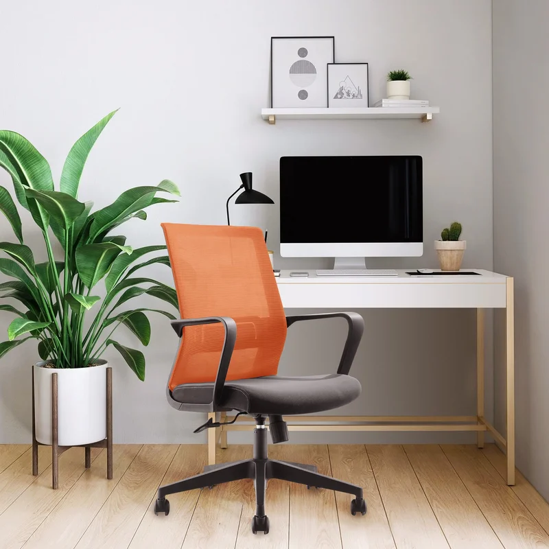 Офис стол RFG Smart W, дамаска и меш, Tilt механизъм, до 120 kg, черна седалка, оранжева облегалка