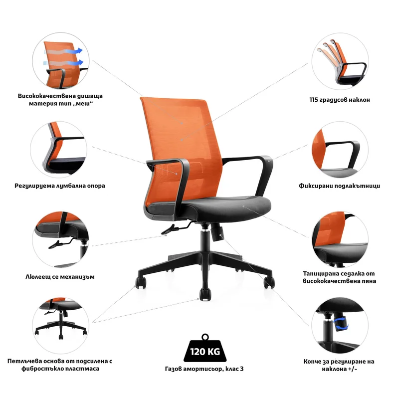 Офис стол RFG Smart W, дамаска и меш, Tilt механизъм, до 120 kg, черна седалка, оранжева облегалка