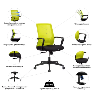 Офис стол RFG Smart W, дамаска и меш, Tilt механизъм, до 120 kg, черна седалка, зелена облегалка