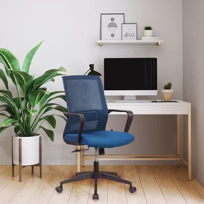 Офис стол RFG Smart W, дамаска и меш, Tilt механизъм, до 120 kg, тъмносиня седалка, тъмносиня облегалка