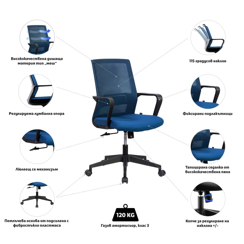 Офис стол RFG Smart W, дамаска и меш, Tilt механизъм, до 120 kg, тъмносиня седалка, тъмносиня облегалка
