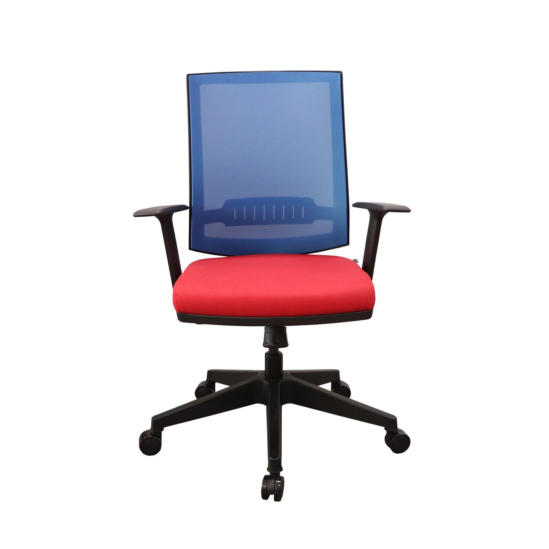 Офис стол RFG Elli 31 W, дамаска и меш, Multi Tilt механизъм, до 120 kg, червена седалка, синя облегалка
