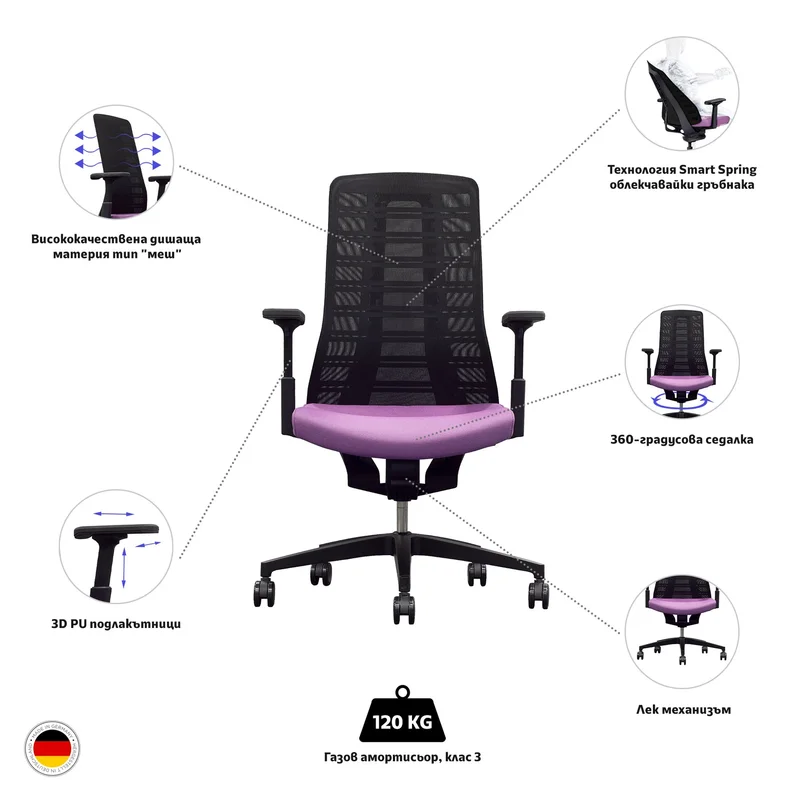 Eргономичен стол Interstuhl Pure PU213, дамаска и меш, Smart-Spring механизъм, до 120 kg, черен/лилав