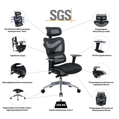Ергономичен стол RFG TECH@GAMES, Multi-function механизъм, до 250 kg, черна седалка, черна облегалка