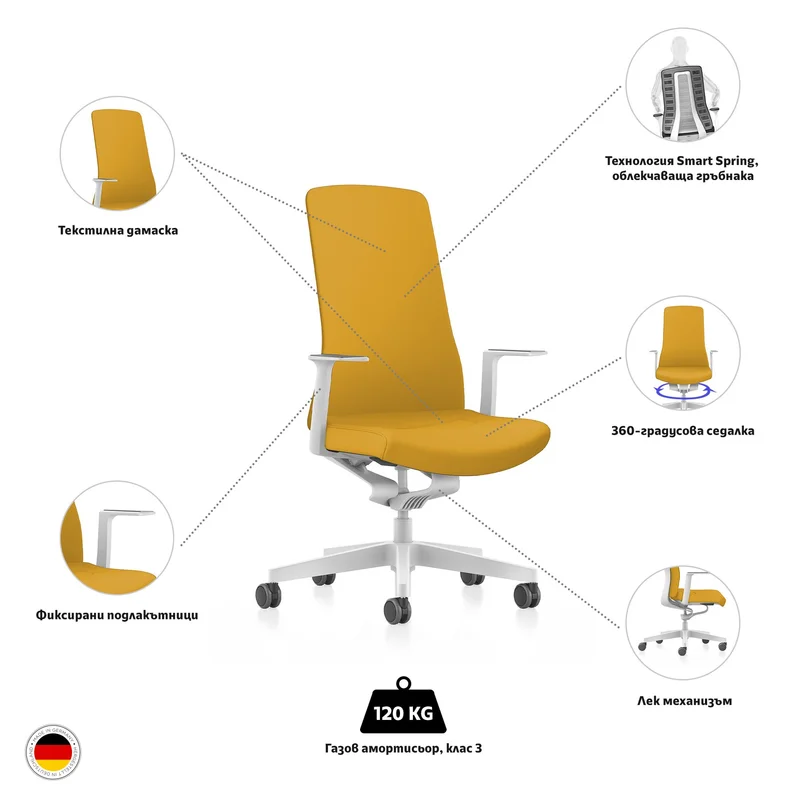 Ергономичен стол Interstuhl PU113, Smart-Spring механизъм, бяло-жълт