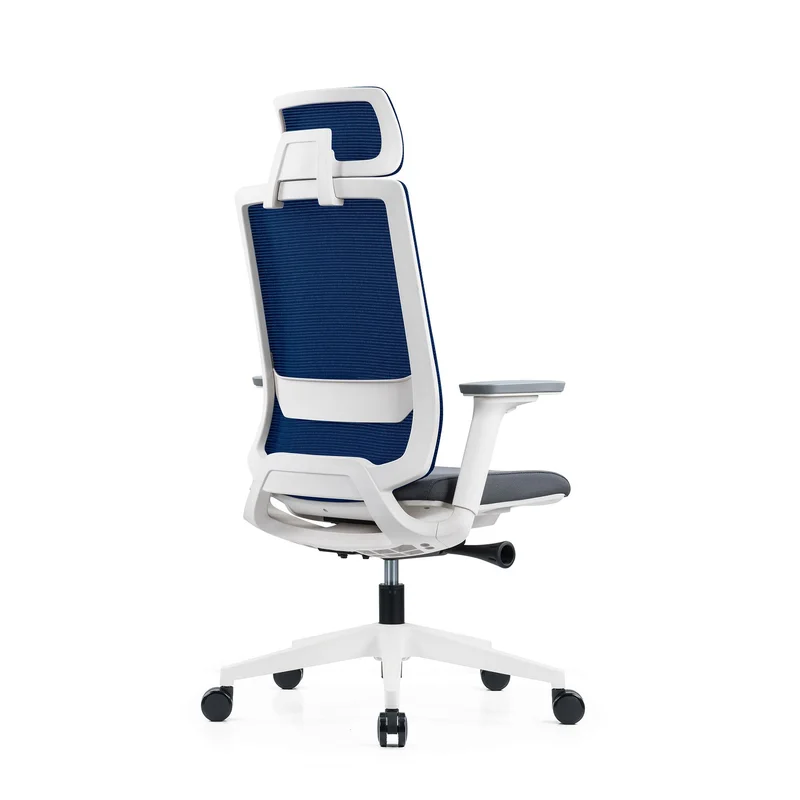 Ергономичен стол RFG Meteor X White HB, дамаска и меш, до 130 kg, сива седалка, синя облегалка