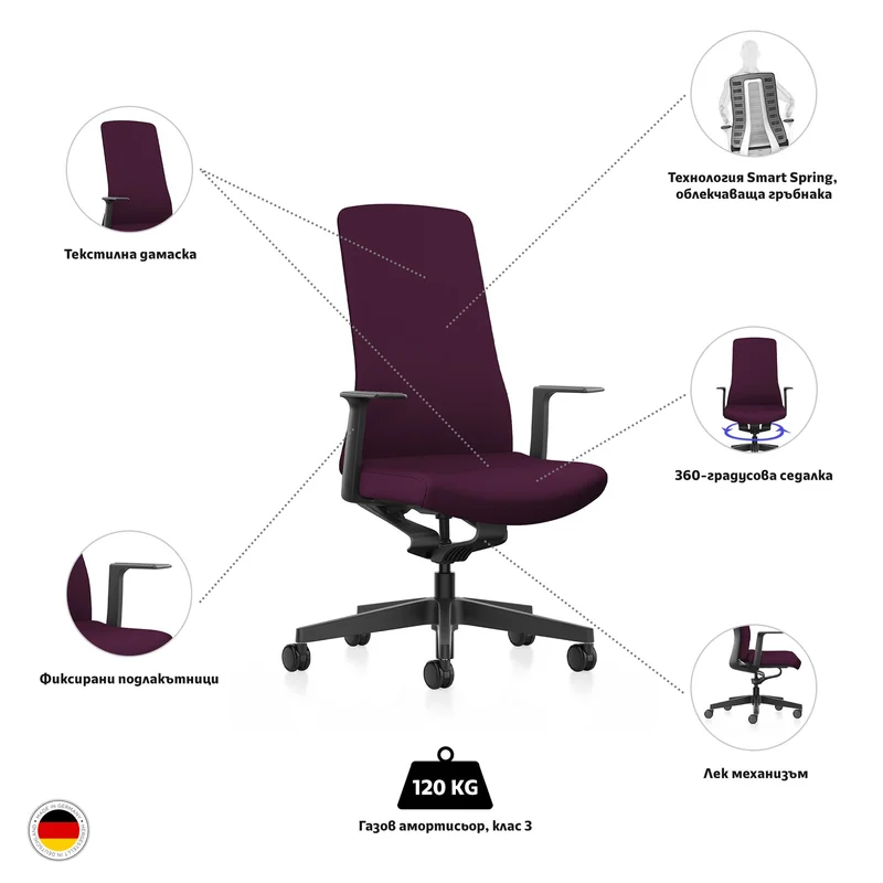 Ергономичен стол Interstuhl PU113, Smart-Spring механизъм, черно-лилав