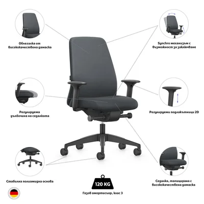 Ергономичен стол Interstuhl Every EV116, текстил, Synchronous механизъм, полиамидна основа, сив