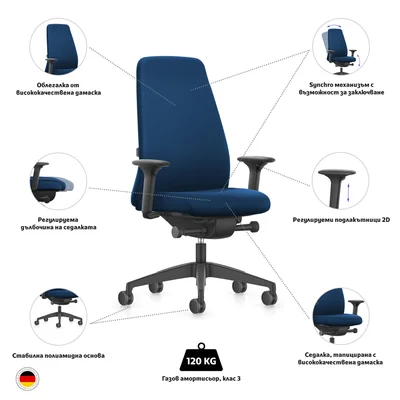 Ергономичен стол Interstuhl Every EV117, текстил, Synchronous механизъм, полиамидна основа, тъмносин