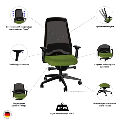 Ергономичен стол Interstuhl Every EV217, текстил, Synchronous механизъм, полиамидна основа, зелен