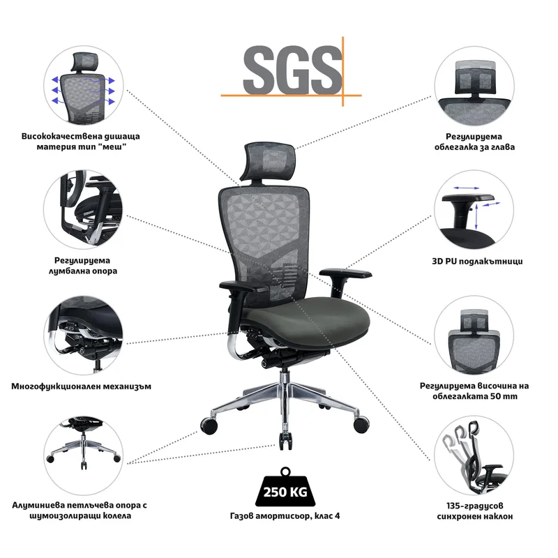 Ергономичен стол RFG TECH@PRO, Multi-function механизъм, до 250 kg, сив