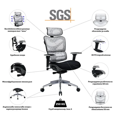 Ергономичен стол RFG TECH@GAMES, Multi-function механизъм, до 250 kg, черна седалка, бяло-черна облегалка