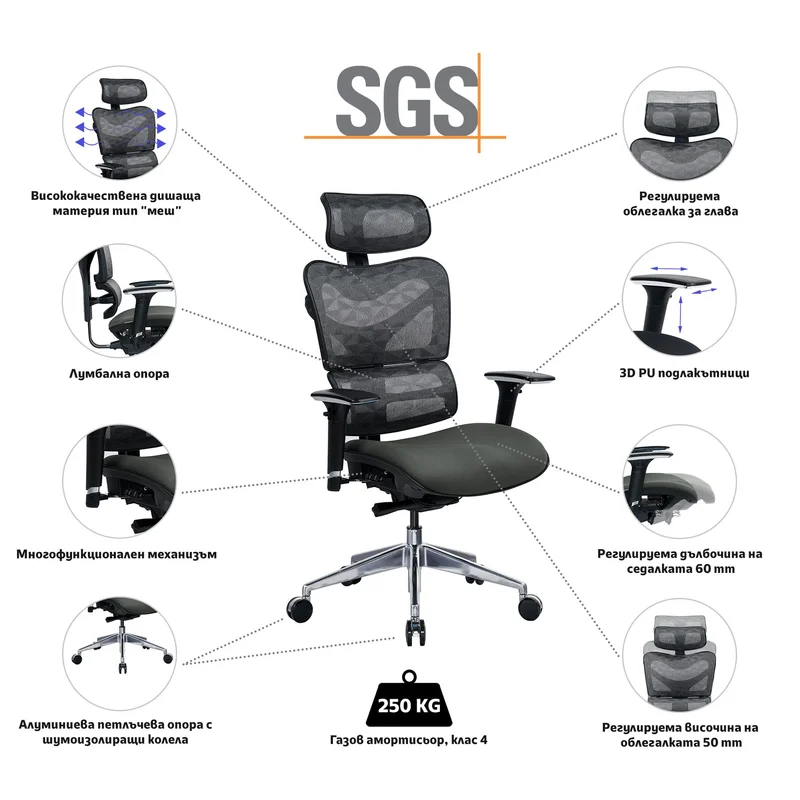 Ергономичен стол RFG TECH@GAMES, Multi-function механизъм, до 250 kg, сив