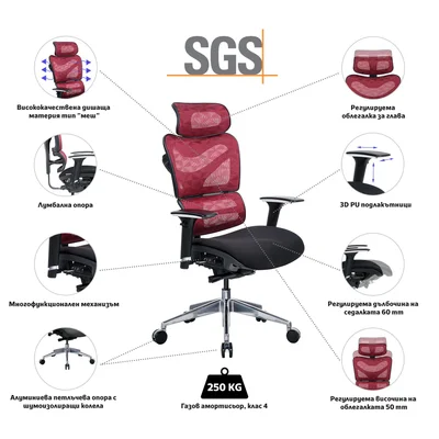 Ергономичен стол RFG TECH@GAMES, Multi-function механизъм, до 250 kg, черна седалка, червена облегалка