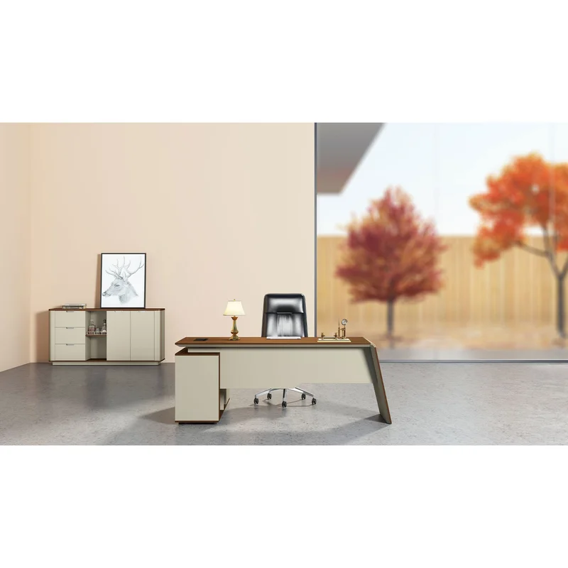 Бюро RFG Elmaz, с шкаф, 1600 х 1400 х 760 mm, ПДЧ 40 mm, австралийски дъб и сиво